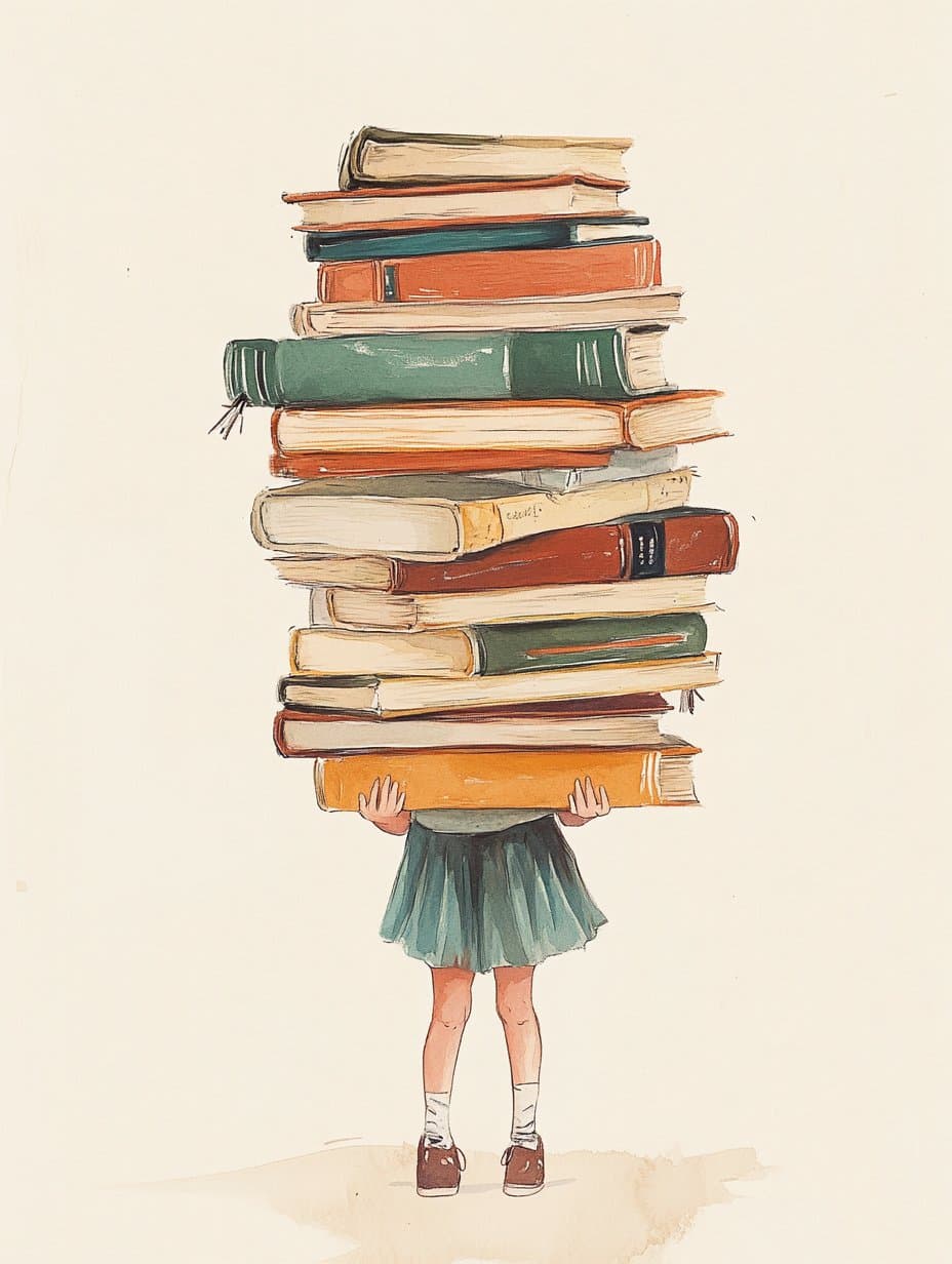 A child overwhelmed by a towering stack of books